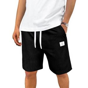 Men's Corduroy Shorts Casual Elastic Drawstring Lightweight Summer Beach Shorts with Pockets (Black, M)