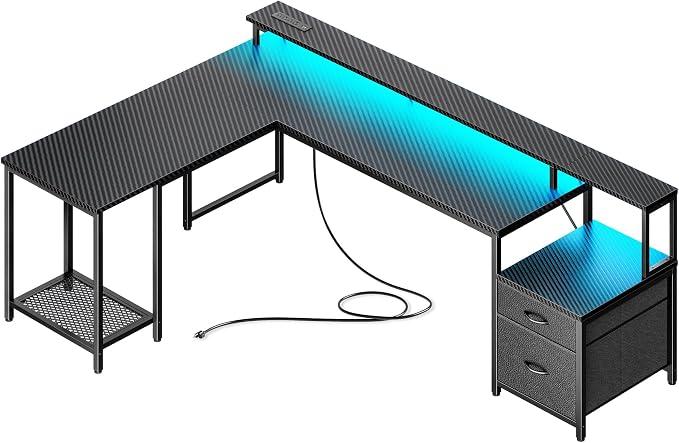 PRAISUN 66" L Shaped Gaming Desk with LED Lights & Power Outlets
Computer Desk with Fabric Drawers and Print Stand, Corner Office Desk, Monitor Stand, Mesh CPU Stand, Carbon Fiber Black