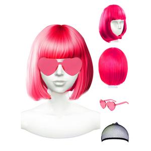 Wig and Party Sunglasses - Hot Pink Wig for Women With Bangs, Dark and Neon Pink Options - Bachelorette Party Decorations Favors