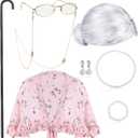 BBTO 100 Days of School Costume Old Lady Costume for Kids Granny Wig Shawl Grandma Outifits with Glasses and Accessories