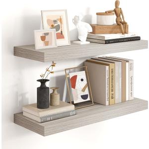 24 inch Floating Shelves for Wall,9.3 inch deep Grey Bathroom Over Toilet Shelf,Wall Mounted Rustic Wood Shelves for Bedroom,Living Room,Kitchen,Office Decor Set of 2-Grey