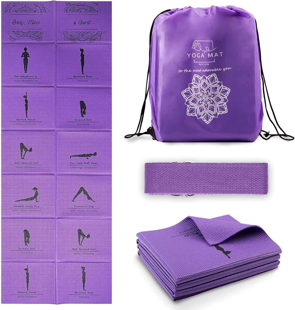 Foldable Yoga Mat for Women, Non Slip Exercise Mat for Home Gym, 5mm Travel Yoga Mats Set With Stretch Strap for Yoga Pilates and Fitness, 68"L x 24"W x 0.2 Inch Thick