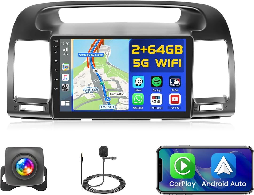 2+64GB Radio for Toyota Camry Car Stereo 2000-2006 Android Car Stereo with Wireless Carplay Android Auto, 9'' Touch Screen Radio GPS WiFi, Bluetooth SWC Mic Backup Camera Mirror Link