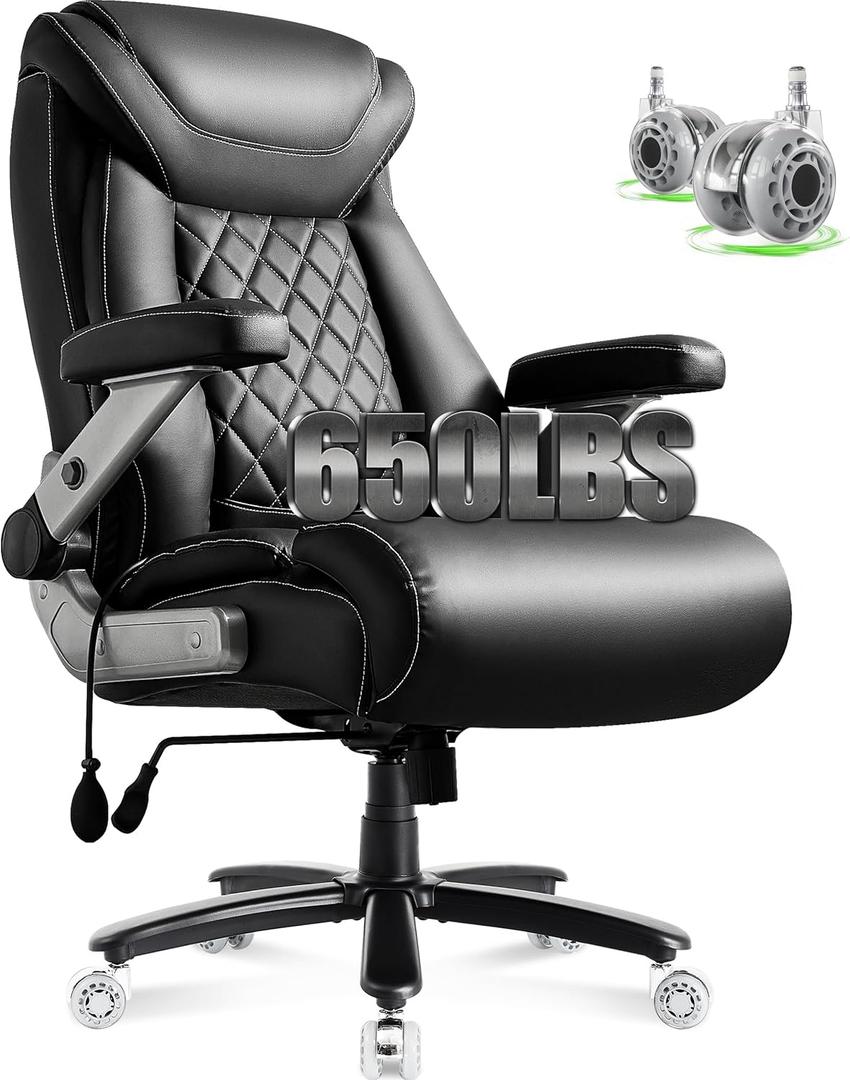 Large Big and Tall Office Chair 650lbs with Thick Spring Cushion, 5D Flip Arm Ergonomic Executive Office Chair Adjustable Lumbar Airbag&Extra Wide, Comfy Padded Heavy Duty Game Chair Dual Rubber Wheel
