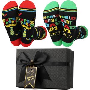 2 Pair Funny Best Dad Novelty Crew Socks With Gift Box | Vibrant Super Dad Graphic Printed Cotton Socks Thoughtful Present Choice for Fathers Day Birthday