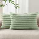 Pallene Faux Fur Plush Lumbar Throw Pillow Covers 12x20 Set of 2, Luxury Soft Fluffy Striped Decorative Pillow Covers for Sofa, Couch, Living Room, Sage Green