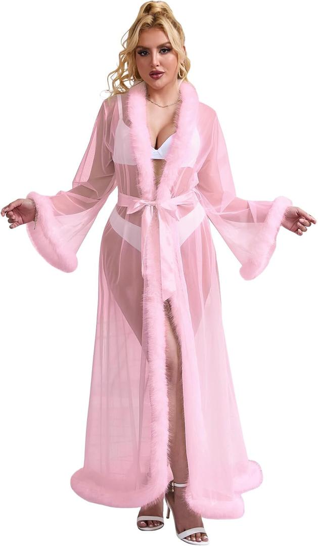comeondear Women Lace Gown Kimono Robe with Fur Sexy Cover Up Chemise Bride Bathrobe Sleepwear (3X-Large-4X-Large, Pink)