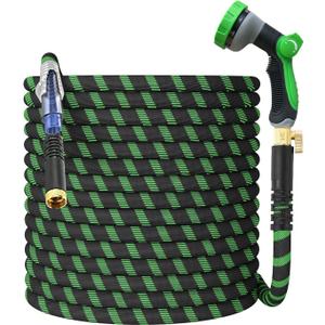 100ft Non-Expanding Garden Hose With 10-way nozzle, strong 3/4 metal fittings, and a shut-off valve. Ultra Lightweight, Kink-Free & Durable,Ideal for Yard, Lawn, Outdoor & Camper Use (Green)