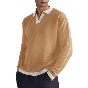 BAYAMO Mens Polo Sweater V Neck Long Sleeve Pullover Sweater Casual Knit Textured Sweater (3X-Large, Khaki)