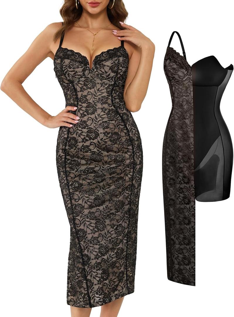 Popilush Built in Shapewear Lace Midi Dress Women's Deep V Neck Sleeveless Formal Wedding Guest Cocktail Bodycon Corset Dress (X-Large, Black)
