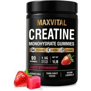 Creatine Monohydrate Gummies 1500 mg Juicy Strawberry Chewable Pre-Workout for Strength & Muscle Support Vegan, Sugar-Free & Halal for Men & Women 90 Gummies