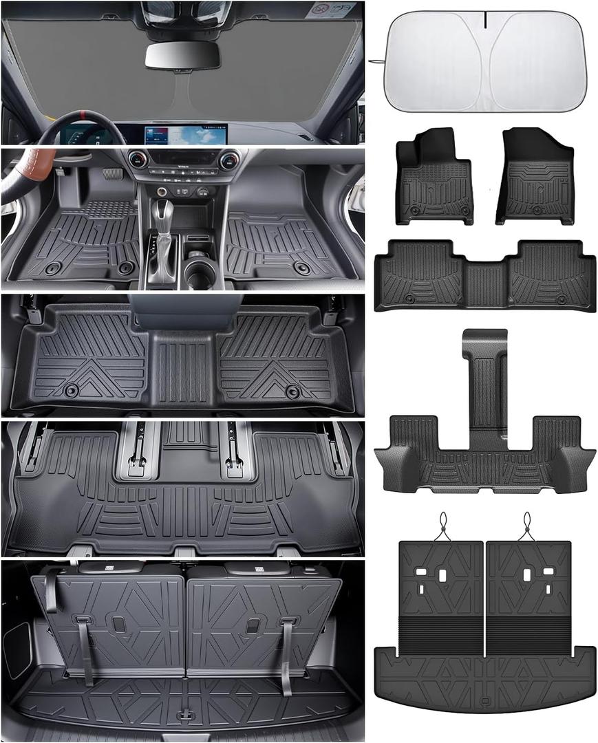 Floor Mats for Hyundai Santa Fe 2024 2025 2026(Fit Hybrid/Gas), All Weather Protection Custom Floor Mats Trunk Cargo Mat and Car Windshield Cover Set for Hyundai Santa Fe Accessories