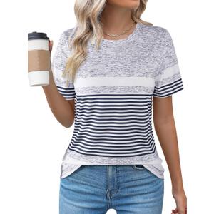 LilyCoco Womens Striped Shirt Color Block Crewneck Short Sleeve T Shirt Grey X-Large (Gray, XL)