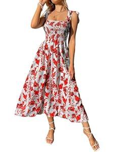 MakeMeChic Women's Summer Boho Dress Floral Print Spaghetti Strap Square Neck Shirred Maxi Dress Beach Sun Dress Floral Red Small