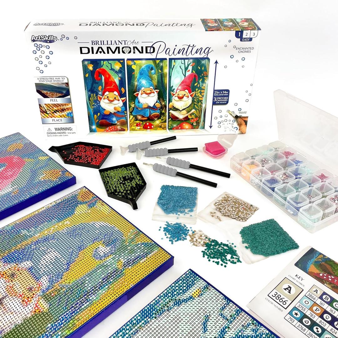 ArtSkills Diamond Painting Kit, Diamond Art Ready to Hang Framed Canvas with Storage and Accessory Kit, Gnomes, 3 Stretched Canvas Panels, 14 x 7 Each