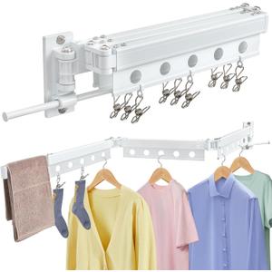 ZOFGENOW Clothes Drying Rack Wall Mounted, Retractable Space-Saving Aluminum Foldable Laundry Drying Rack for Indoor & Outdoor Use - Laundry Rooms, Bathroom & Balconies, Includes 10 Clothespins(White)