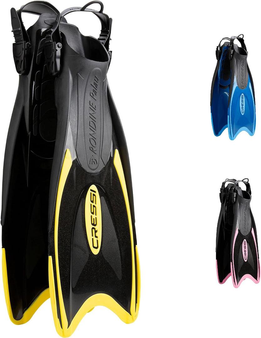 Cressi Snorkeling Fins, Palau, Adjustable Open Heel, Travel Fins for Adults | Quick-Adjust Buckle, Lightweight & Comfortable, Efficient Propulsion, Diving Fins, Scuba Fins, Snorkel Gear, Made in Italy,Black/Yellow, M/L | US Man 8.5/11 | US Lady 9.5/12 | EU 41/4