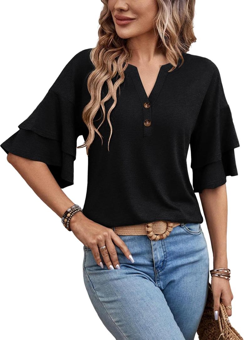 Womens Tops Henley Blouses V Neck Button Down Shirts Casual Outfit Cute Work Tees Spring Fall Summer Fashion Clothes (Large, Black)