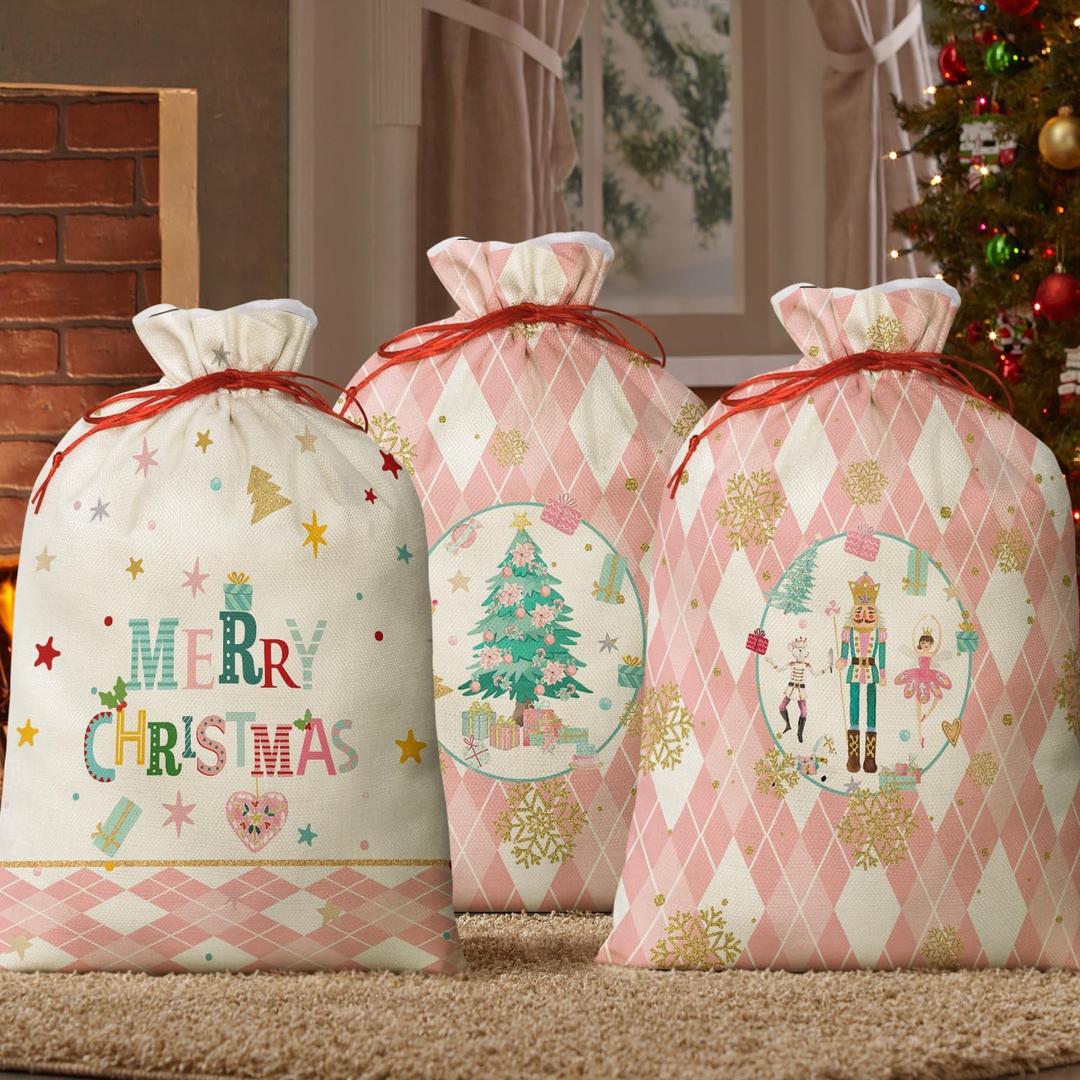 Horaldaily 3PCS Christmas Gift Bag Sacks for Presents 16x20 Inch,Pink Buffalo Plaid Christmas Tree Gifts Stocking Storage Sack Present Xmas Gift Bags Party Favors Bags