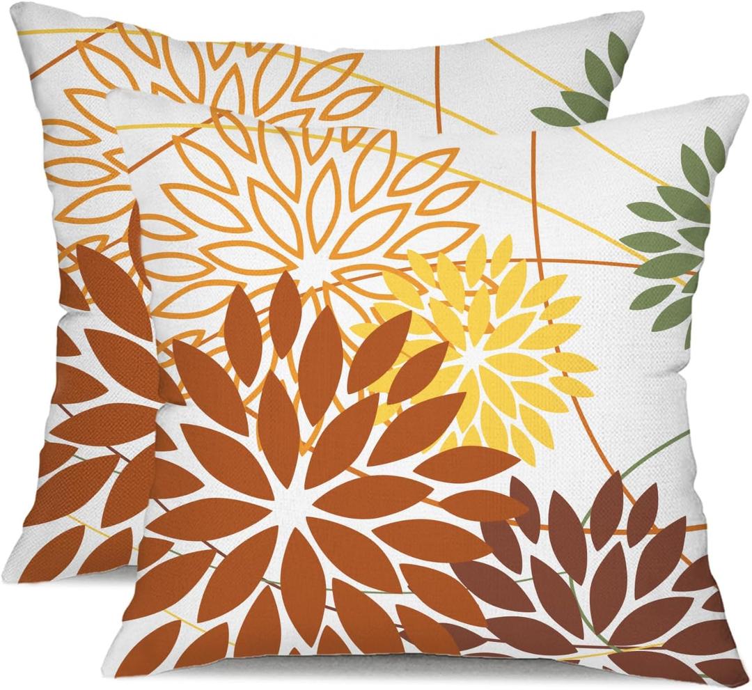 Brown and Yellow Floral Pillow Covers 18x18 Set of 2 Outdoor Waterproof Decorative Throw Pillows Summer Pillow Covers Polyester Cushion Case Decor for Couch Patio Funiture Garden Porch 011E18
