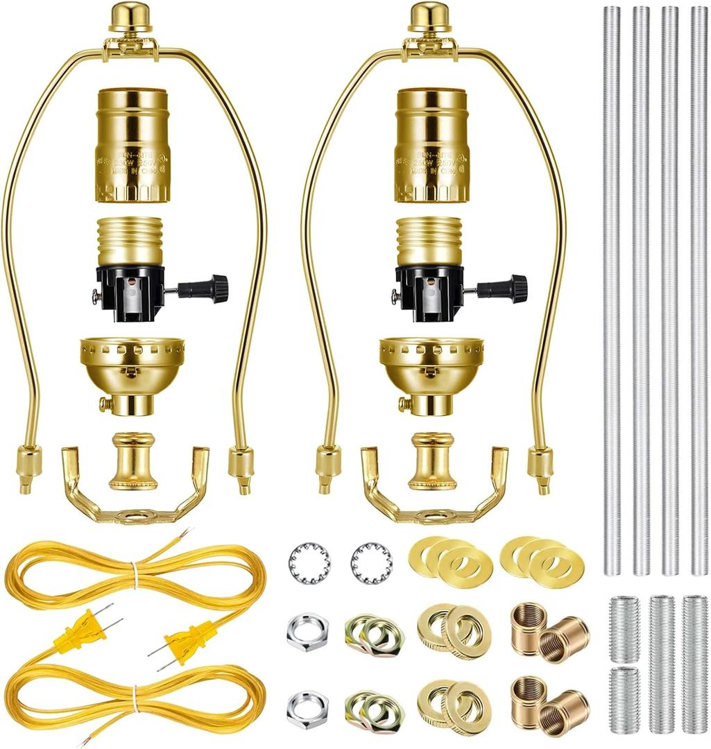 2 Sets Make-a-Lamp Kits - Table Repair or DIY Wiring Kits With 8'' Harp, 12'' Pipe, 3-Way Socket, 8 ft Cord, and All Hardware Parts for Creating DIY Antique Lamp Designs (Bronze)