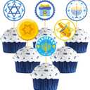 24Pcs Hanukkah Cupcake Toppers, Glitter Star of David Candlestick Hexagram Chanukkah Cupcake Toppers for Hanukkah Party Decorations Supplies (print)