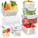 4 Pack Fruit Storage Containers for Fridge with Removable Colanders, Produce Storage Containers for Fridge, Airtight Food Storage Containers for Berry Fruit Vegetable Meat Keeper Fresh (with handle)