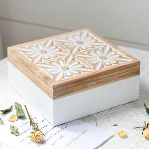 Synovana Small Decorative Box with Lid Wooden Keepsake Storage Box Carved Flower Handmade Jewelry Box Rustic Trinket Box Table Organizer - 7.1 x 7.1 x 3.2 Inches