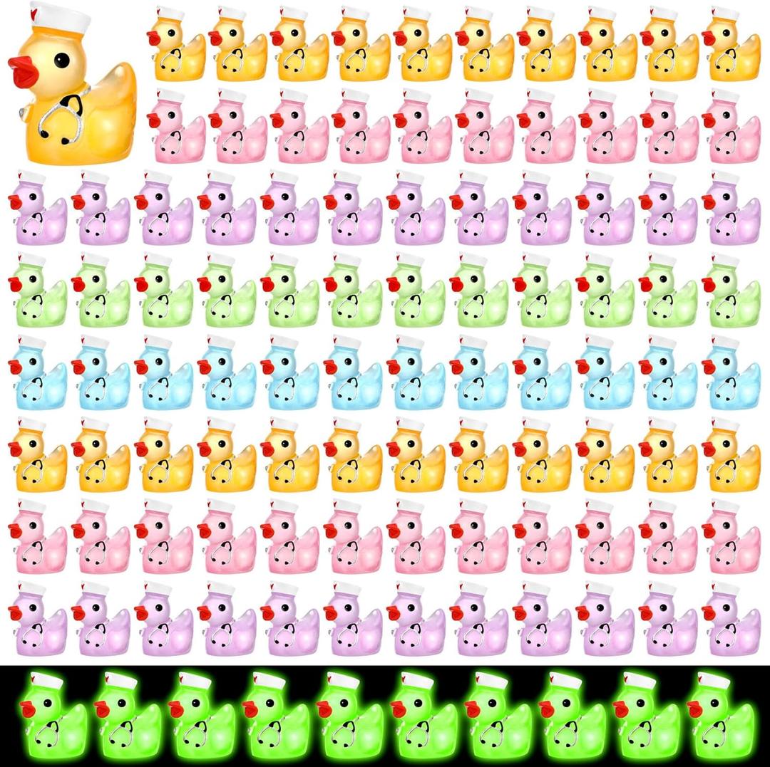 Gemscream 100 Pcs Mini Resin Ducks Luminous Summer Resin Ducks Figurines with Nurse Hat Glow in The Dark Tiny Animals Figures for Landscape Garden Potted Plants Party Decor