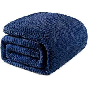 Exclusivo Mezcla Soft Fleece Blanket Queen Size, Cozy Lightweight Blankets with Decorative Wave Textured Suitable for All Season Use, Navy Blue, 90x90 Inches
