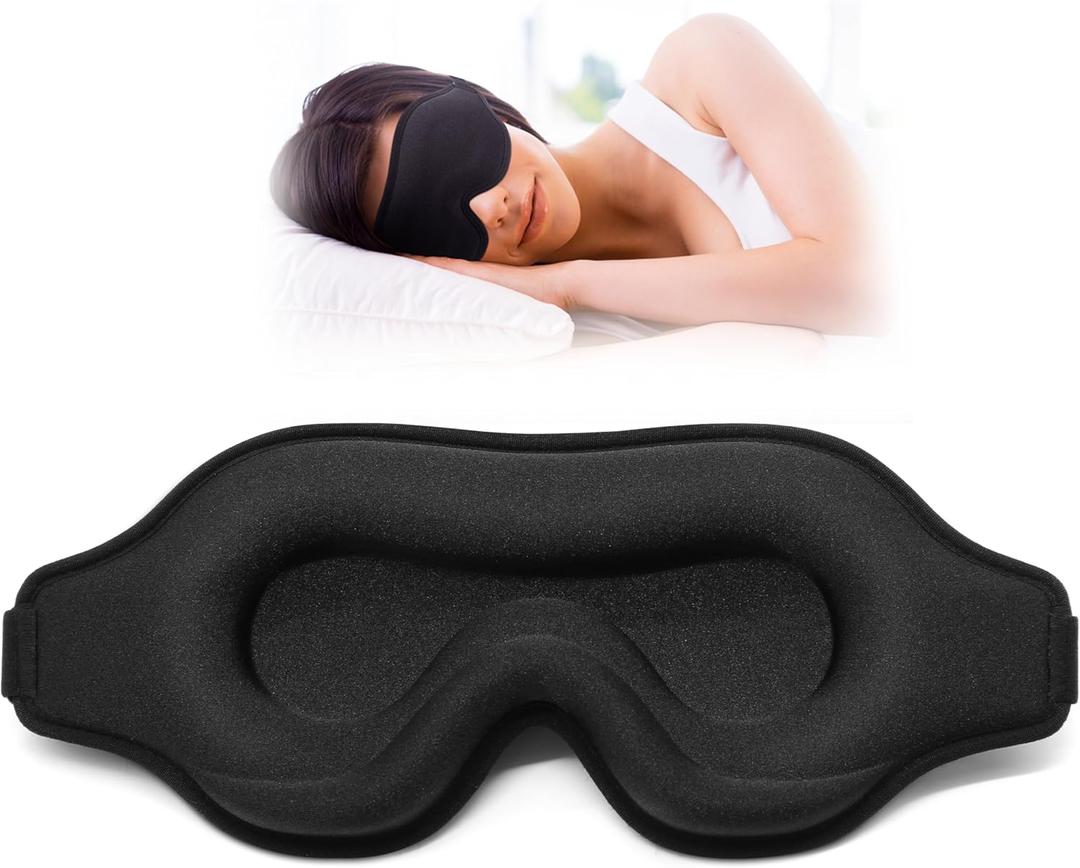 Sleep Eye Mask for Men Women, Sleeping Mask for Side Sleeper, Travel Blackout Night Blindfold Eye Shade Cover with Adjustable Strap (Black)