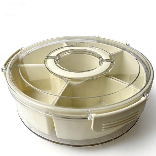 Rotating Divided Serving Tray with Lid and Handle, 6 Compartment Snackle Box Container, Airtight Portable Veggie Fruit Tray for Party Picnic Kitchen Camping