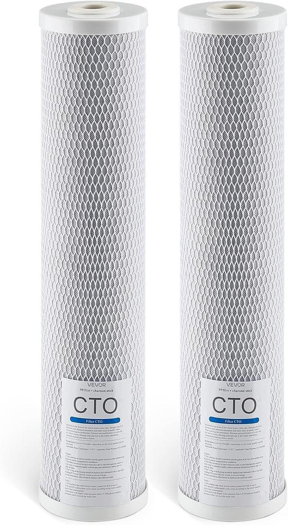 VEVOR CTO Whole House Water Filter, 20 x 4.5 Inch Universal Fit, Activated Carbon Block Cartridge Replacement, 5 Micron Coconut Shell Charcoal Filters, Reduces Chlorine, Taste & Odor, 2 Pack