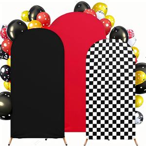 Arch Backdrop Cover Set of 3 (4FT/5FT/6FT) - Spandex Stretchy Monster Truck Racing Theme Backdrops for Kids Birthday, Wedding,Party Decorations (Red/Black/Checkered)