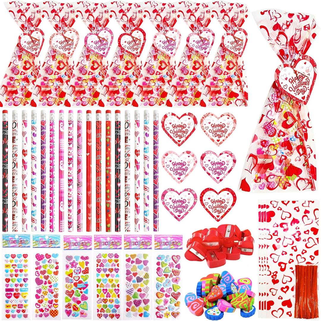 216Pcs Valentines Day Stationery Gifts,36 Sets Stationery Kit with Pencils,Heart Erasers,Cards,Pencil Sharpeners,Stickers and Gift Bags,Valentine's Gifts for Classmates,Party Favors