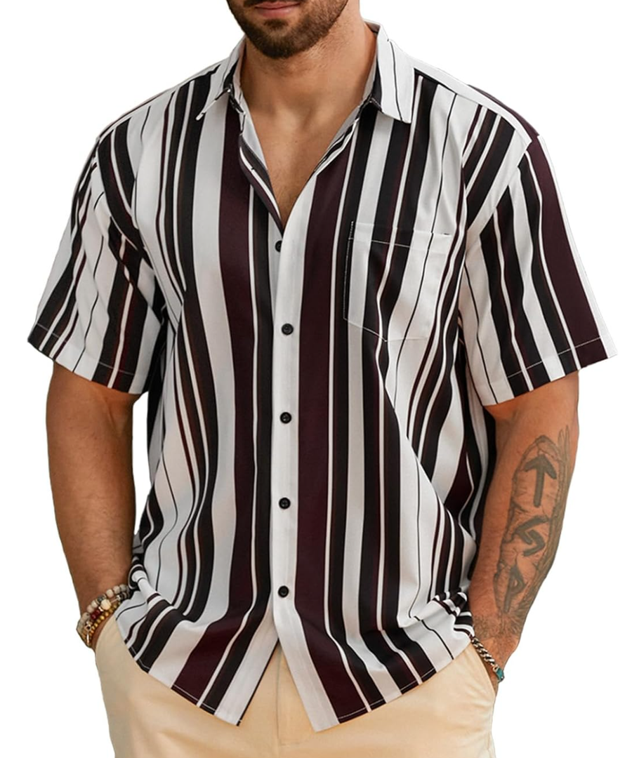 Hardaddy Men's Striped Shirts Casual Short Sleeve Button Down Summer Hawaiian Shirts, Size 3XL
