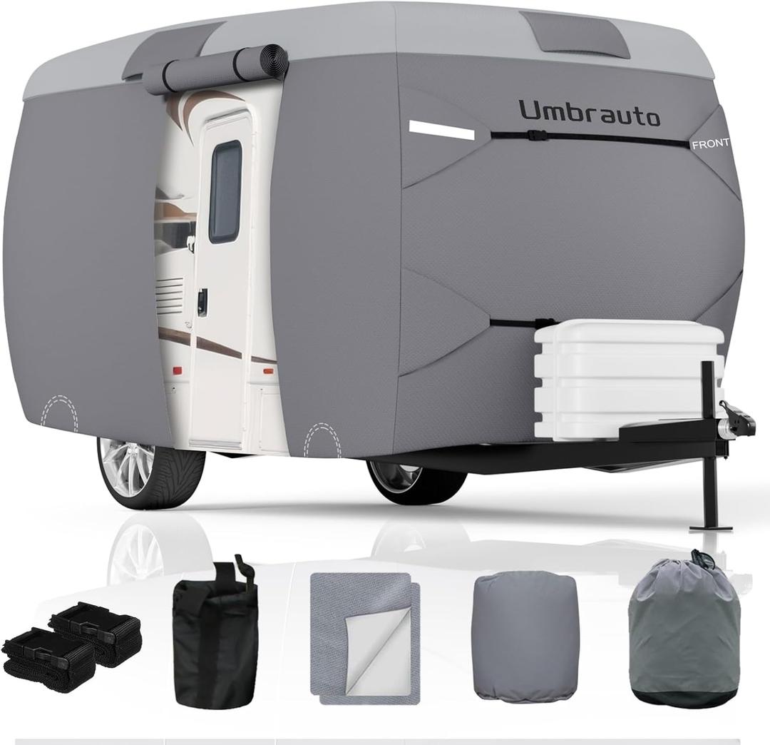 Umbrauto Fiberglass Travel Trailer Cover Fits 13'-16' Trailers, Upgraded 7 Layers Top Camper RV Cover with Windproof Strap,Adhesive Repair Patches, Fiberglass RV Cover, Fits 13-16FT