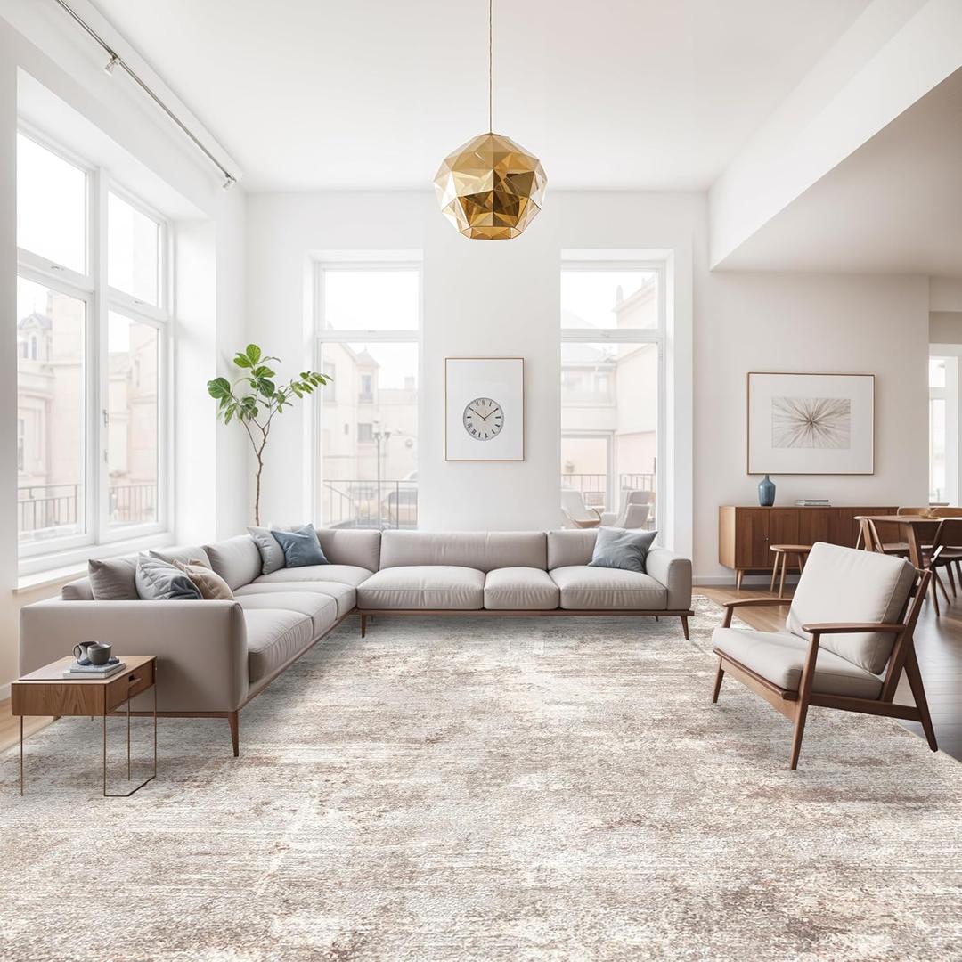 RUUGME 10X14 Abstract Area Rug:Large Washable Living Room Rug Indoor Non Slip Carpet for Bedroom Soft Foldable Stain Resistant Distressed Thin Rug for Dining Room Kitchen 10X14 Brick/Brown/Beige