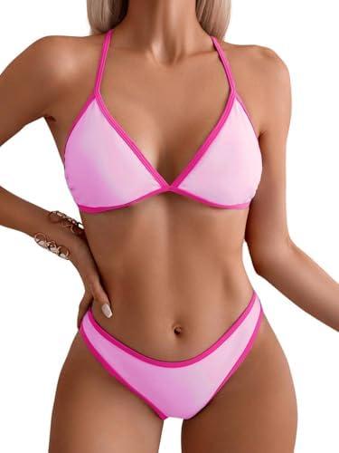 SHENHE Women's 2 Piece Bikini Set Swimsuit Color Block Criss Cross Halter Triangle Tie Back Swimwear, M