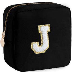 4 x HBselect Small Makeup Bag Personalized Initial Letter Mini Makeup Bags Nylon Chenille Letter Patch Cosmetic Bag Cute Waterproof Pouch Travel Toiletry Bag Preppy Coin Purse Gift for Women Teen Girls (J, Black)