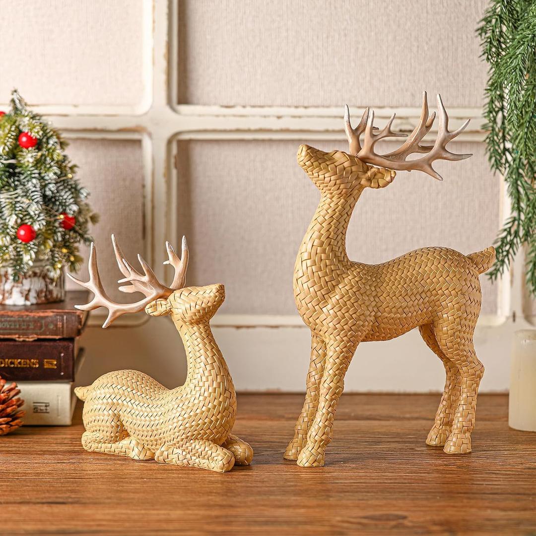 Bucherry 2 Pcs Christmas Rattan Reindeer Figurines Brown Resin Couple Deer Sculpture Tabletop Reindeer Farmhouse Xmas Table Centerpiece Decor for Mantel Fireplace Living Room Office Gifts