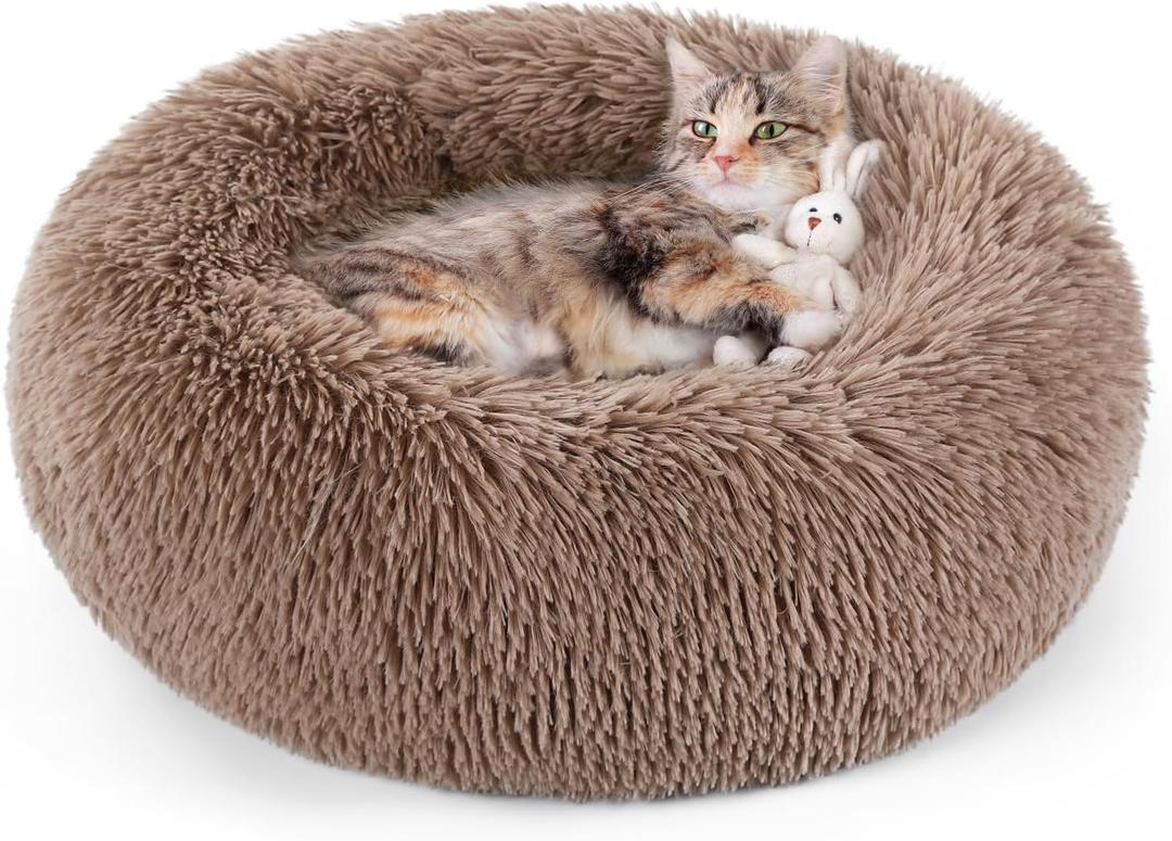 rabbitgoo Cat Beds for Indoor, 20 inches Machine Washable, Fluffy Round Pet Bed Non-Slip, Calming Soft Plush Donut Cuddler Cushion Self Warming for Small Dogs Kittens, Light Brown, Medium (20"l X 20"w X 4.7"th)