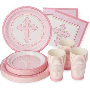Royal Bluebonnet Pink Baptism Plates and Napkins - Set of 24 First Holy Communion Party Supplies, Baptism Decorations for Girls, Easter Paper Plates and Napkins, Religious Confirmation Decorations