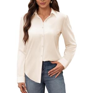 siliteelon Women's Stain Shield Dress Shirts Wrinkle Free Long Sleeve Shirts Solid Work Business Button Down Shirts (X-Large, Beige)