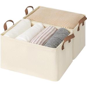 StorageWorks Storage Bins, Shelves Baskets for Organizing, Large Fabric Closet Organizers with Handles, Metal Frame, Beige-Texture, 2-Pack