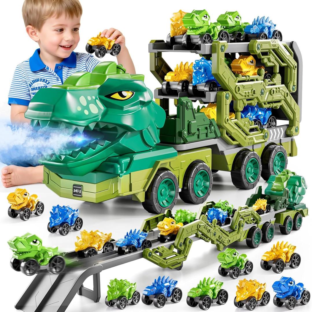 10 in 1 Dinosaur Truck Toys for Kids Aged 3-5 4-8 with Foldable Race Track, Carrier Truck with 9 Dinosaur Toy Car for Boys, Spraying, Light and Sound, Birthday Gifts for Girls Toddlers 5-7