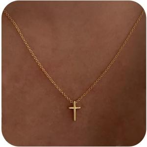 Easter Basket Stuffer Cross Necklace for Women, Dainty 14K Gold Plated Cross Pendant Small Cross Choker Cute Gold Necklaces for Women Trendy Cute Baptism Religious Faith Jewelry Teen Gifts