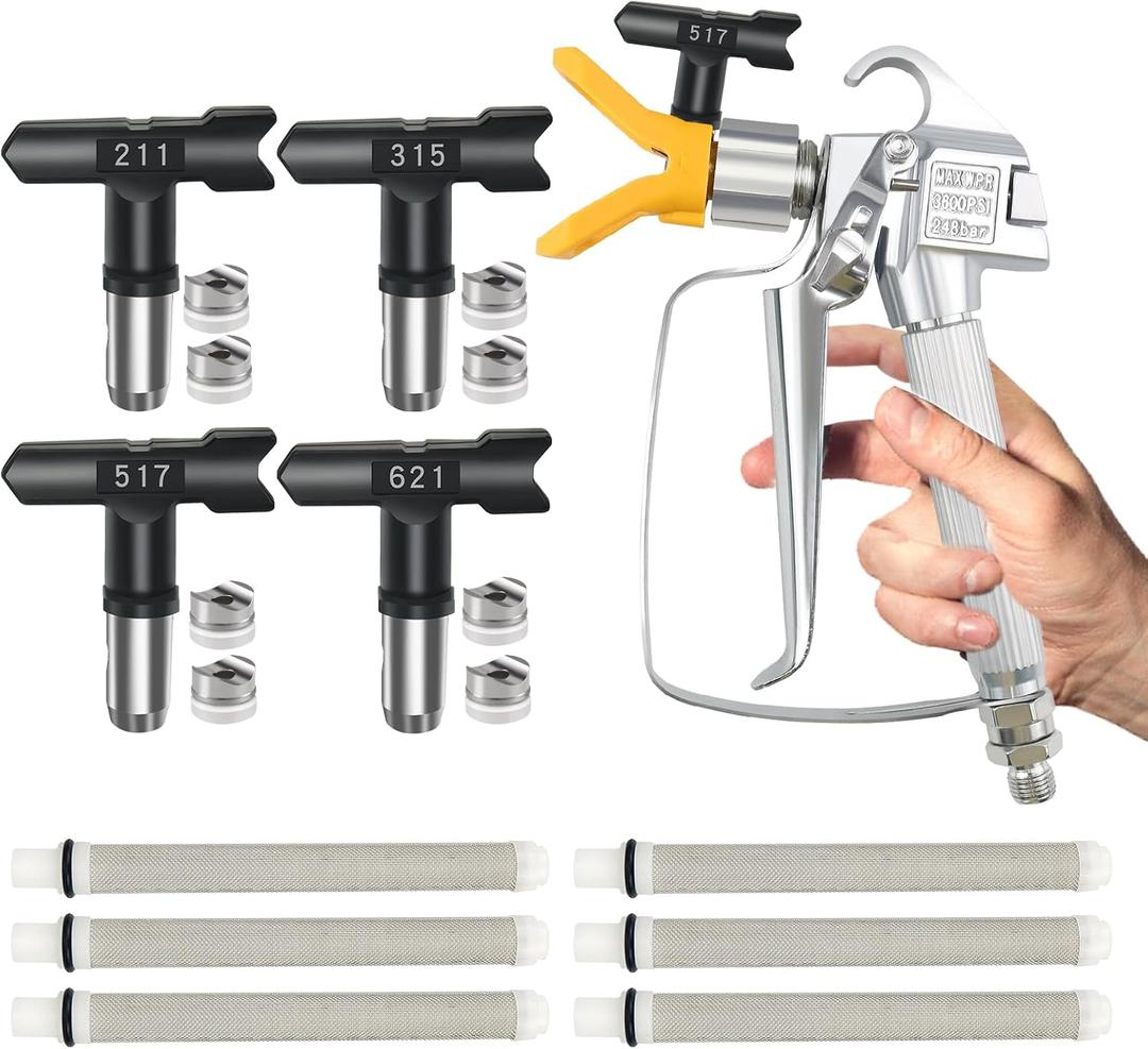 Airless Paint Spray Gun with Tip Guard and 4 Reversible Spray Tips and 6 Spray Gun Filters Sprayer Paint Accessories for Airless Spraying Machine (211, 315, 517, 621)