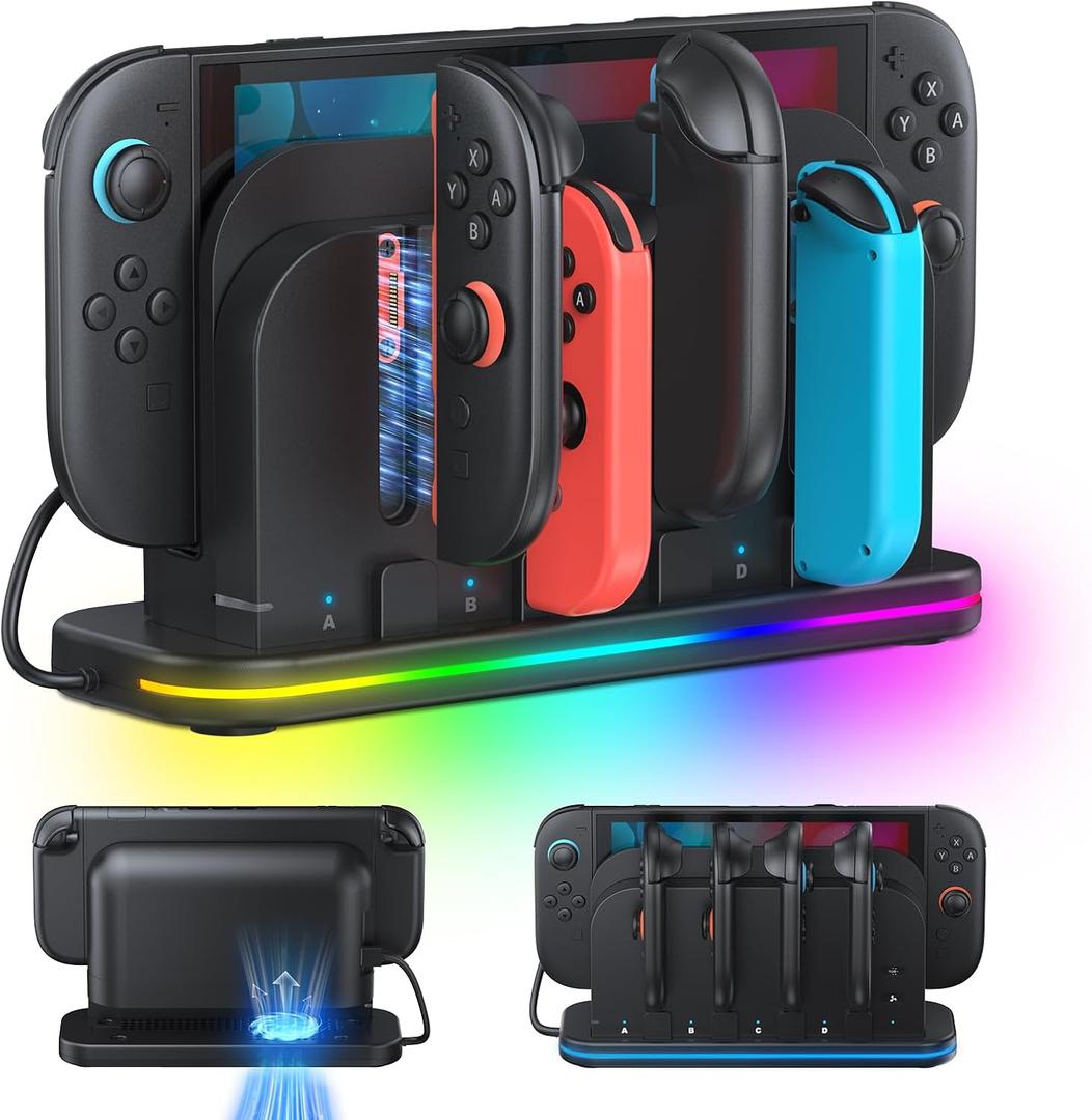 RGB Charger Dock for Nintendo Switch 2 2025- with Cooling Fan,8 in 1 Switch 2 Chagrer Dock for Joycon 2/1, Dual-Direction Charging, LED Indicators, Magnetic Charge Switch2 Accessories
