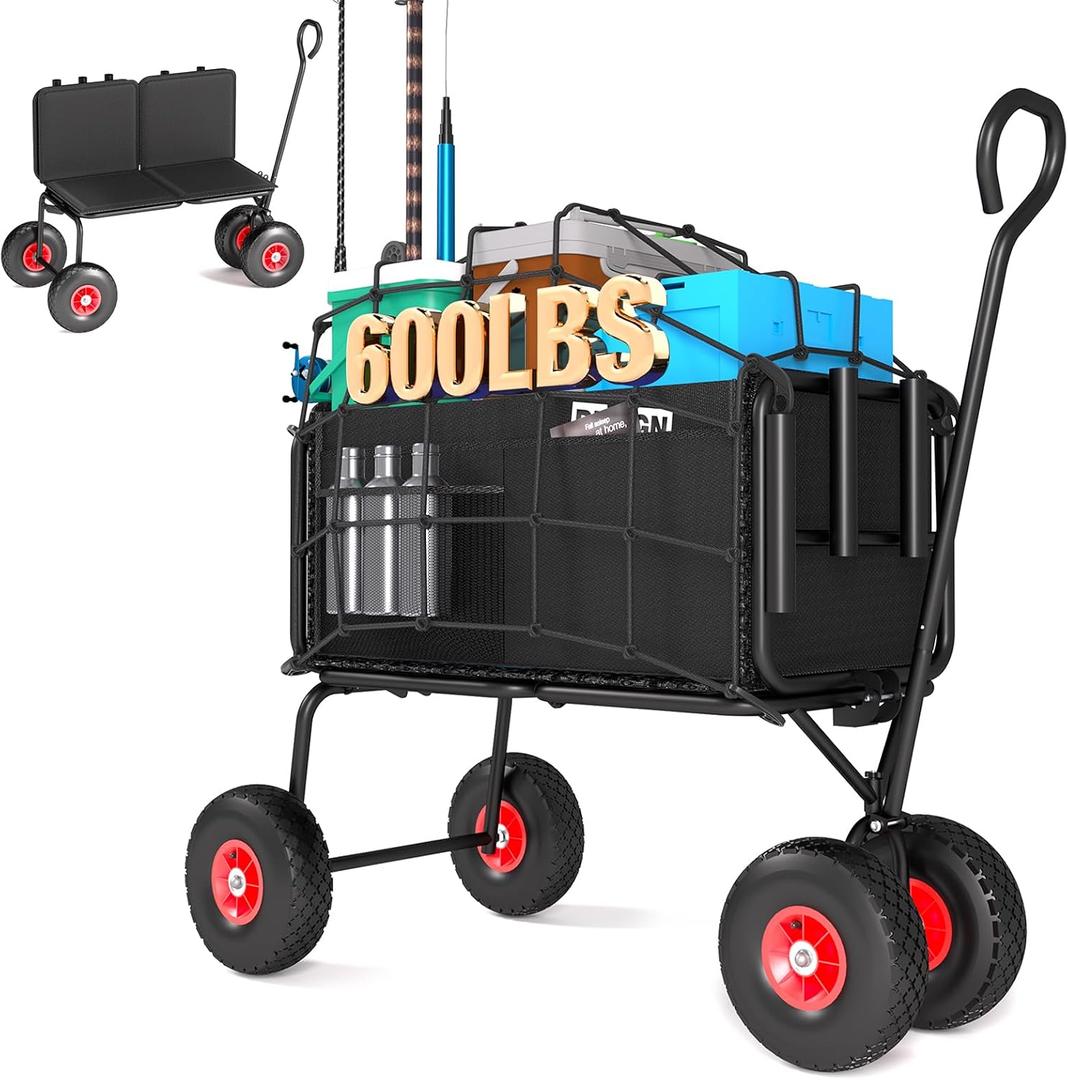 3 in 1 Fishing Cart, Heavy Duty Garden Carts w/All Terrain Inflatable Tires, Folding Wagon Cart, Convert to Chair or Bench with Cushion, Rod Holders and Durable Oxford Bag, Supports 600LBS